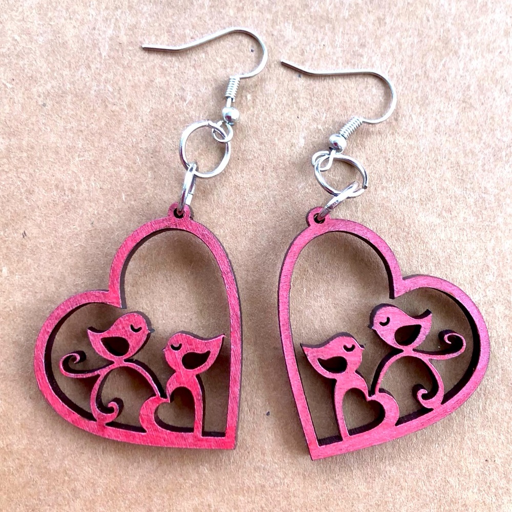 Handmade Laser Cut Birds on Brand Heart Wooden Dangle Earrings - Picture 2 of 2